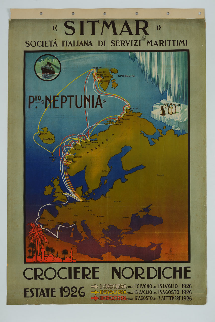 carta geografica con tratte crocieristiche dal Mar Mediterraneo al Mar Glaciale Artico (manifesto) di Mazzini Ettore (sec. XX)