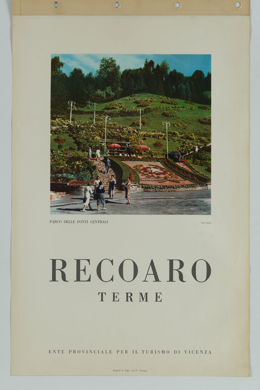 veduta del Parco delle Fonti Centrali a Recoaro (manifesto) di Studio Vajenti (sec. XX)