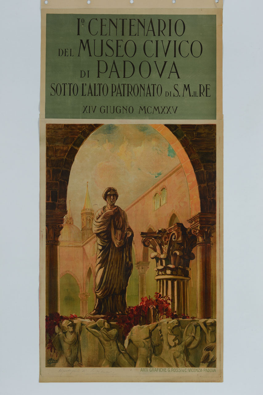 reperti archeologici e chiostro della Basilica di Sant'Antonio di Padova (manifesto, stampa composita) di Pisani Angelo (sec. XX)