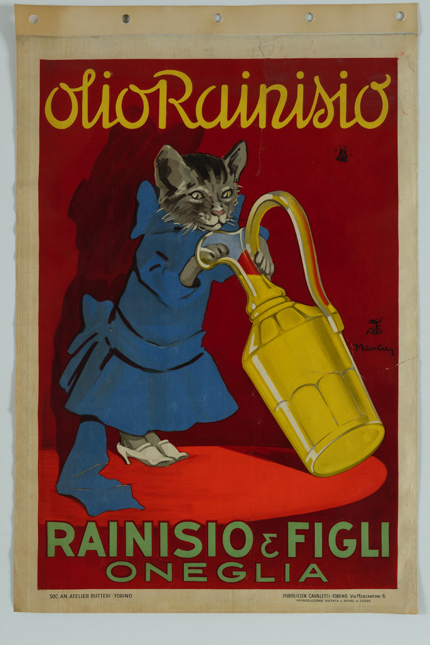 gatto antropomorfo guarda dentro un'oliera (manifesto) di Manca Giovanni (sec. XX)