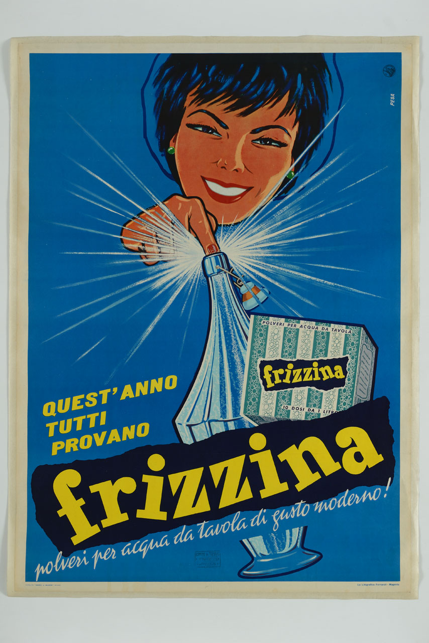 donna sorridente tappa con il dito una bottiglia da cui sprizza fuori dell'acqua (manifesto) di Pesavento Gino (sec. XX)