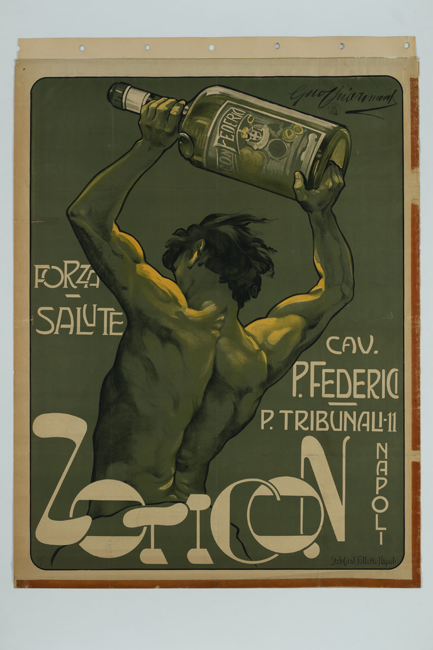 uomo di spalle solleva una bottiglia di liquore (manifesto) di Chiaromonte Gaetano - ambito italiano (sec. XX)