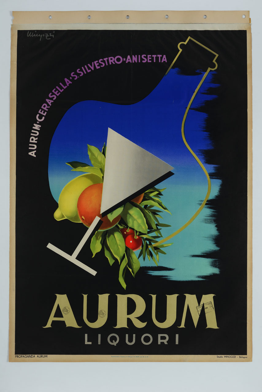 calice e composizione di frutti sullo sfondo del profilo di una bottiglia (manifesto) di Mingozzi Giovanni, Studio Mingozzi (sec. XX)