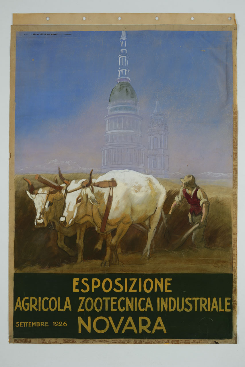 Esposizione Agricolo Zootecnica Industriale Novara, contadino ara un campo sullo sfondo di cupola e campanile di San Gaudenzio a Novara (disegno, opera isolata) di Dudovich Marcello (sec. XX)