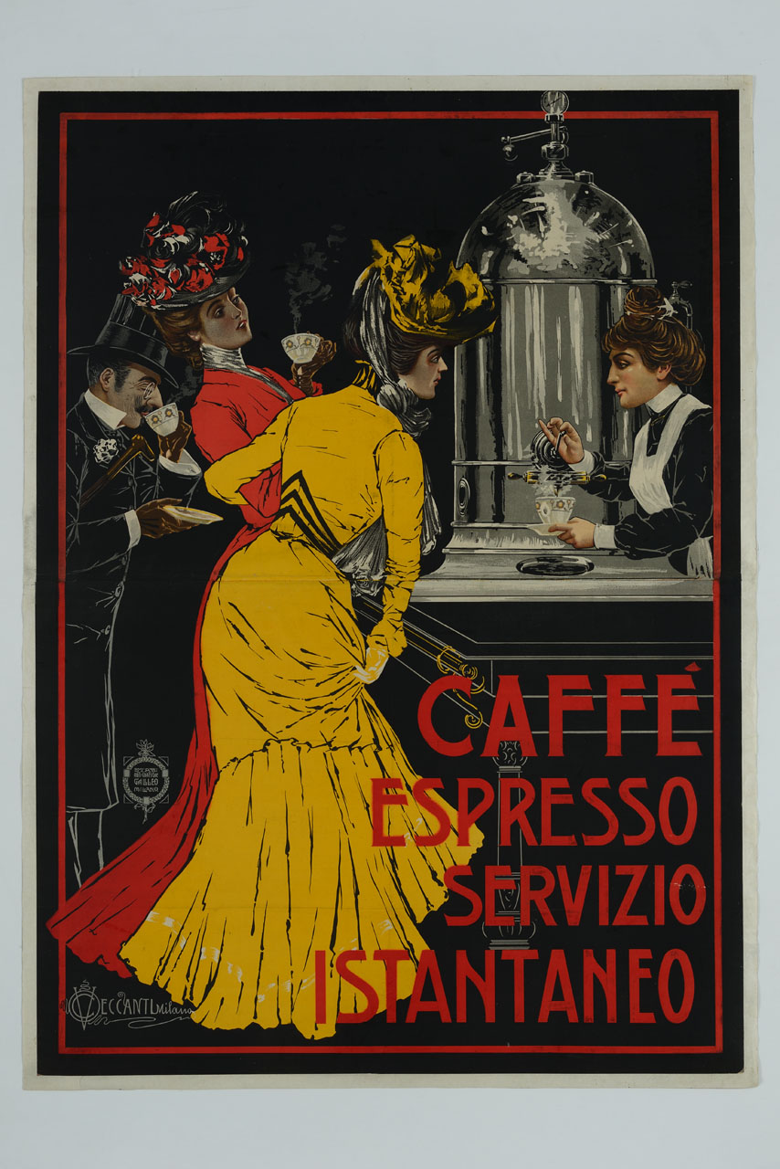 due dame e un gentiluomo chiedono e sorbiscono un caffè al banco (manifesto, stampa composita) di Ceccanti Vincenzo (fine/ inizio secc. XIX-XX)