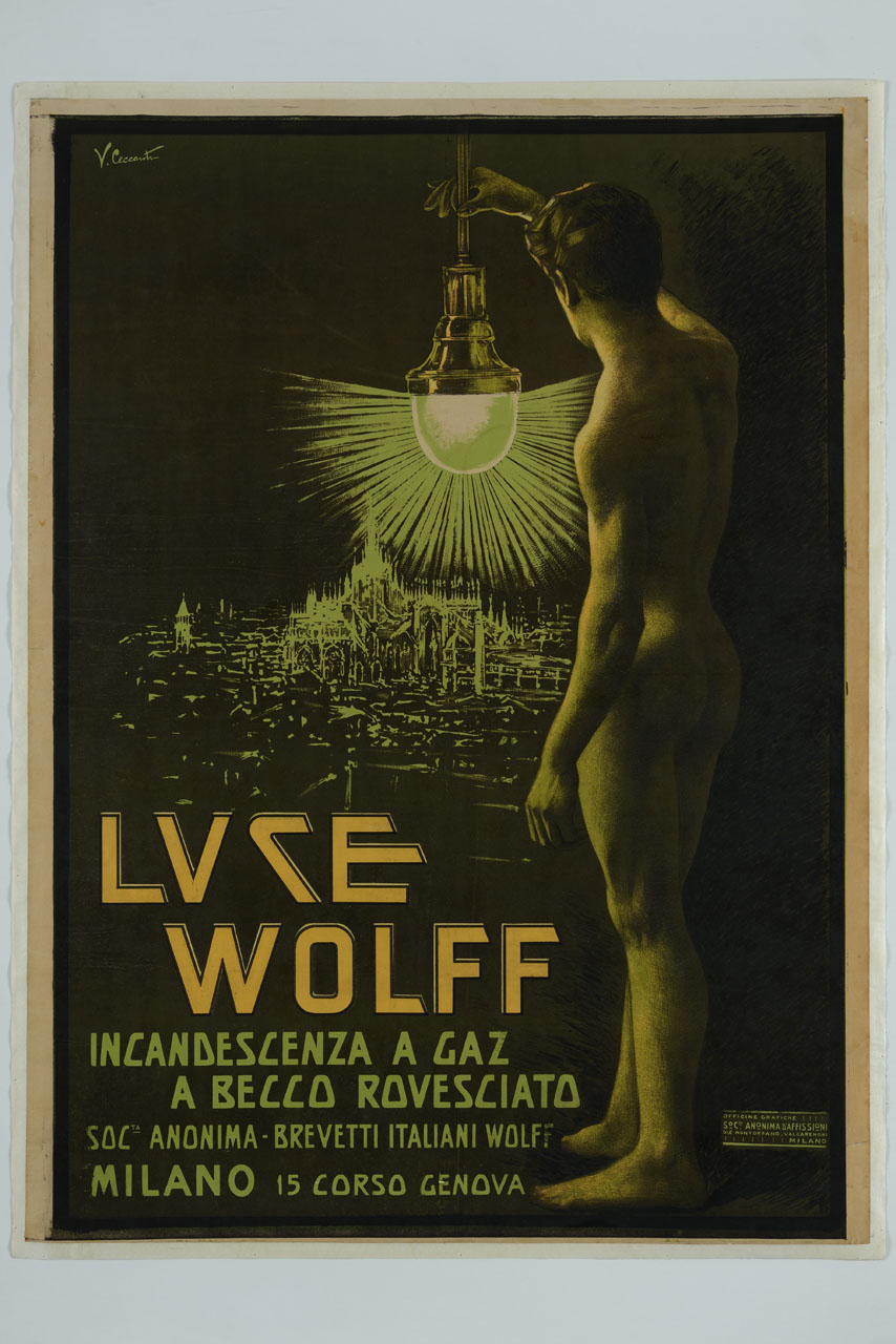 uomo nudo regge una lampada a incandescenza che illumina Milano (manifesto) di Ceccanti Vincenzo (sec. XX)