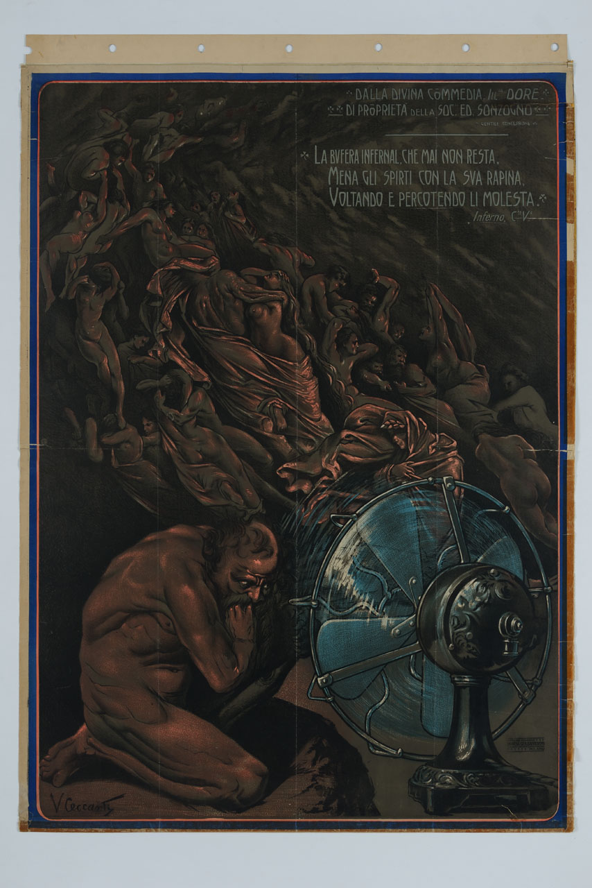 ventilatore elettrico genera la bufera infernale dell'inferno dantesco illustrata da Gustav Doré (manifesto) di Ceccanti Vincenzo, Doré Gustav (sec. XX)