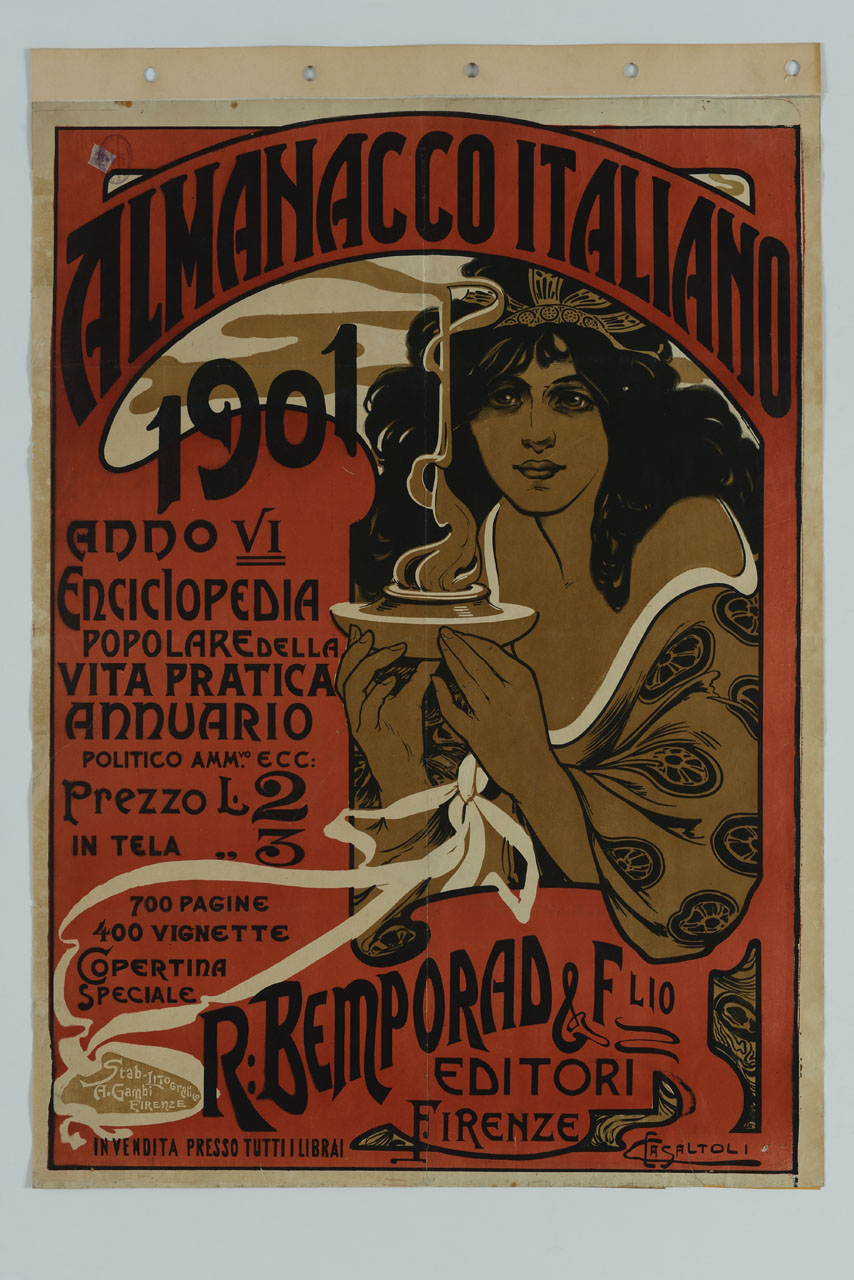 donna con lampada a olio (manifesto) di Casaltoli Carlo (sec. XX)