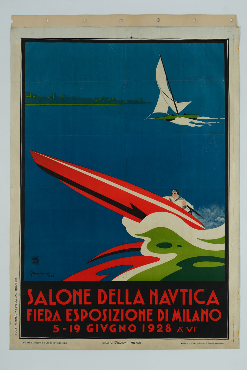 motoscafo e barca a vela sfrecciano sull'acqua (manifesto) di Montevecchi Amleto (sec. XX)