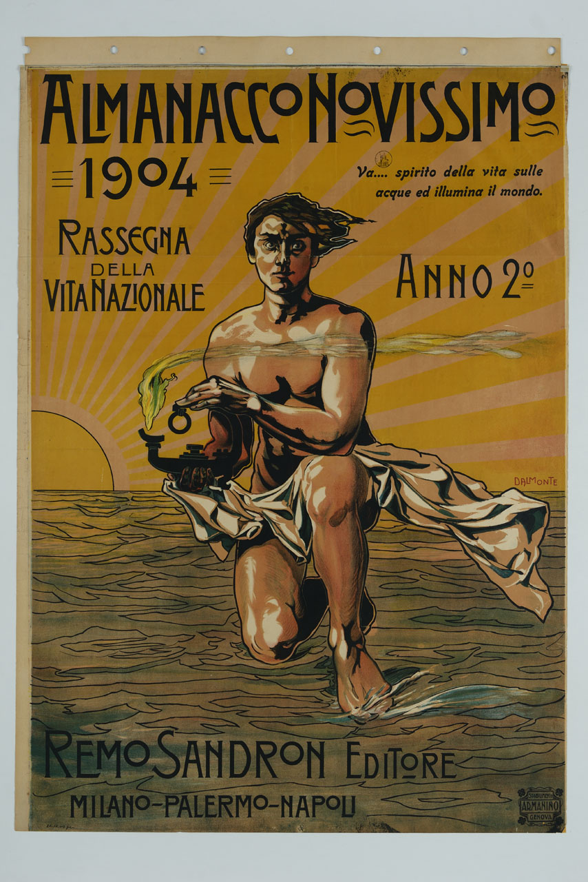 uomo con lampada a olio sul mare (manifesto) di Dal Monte Luigi (sec. XX)