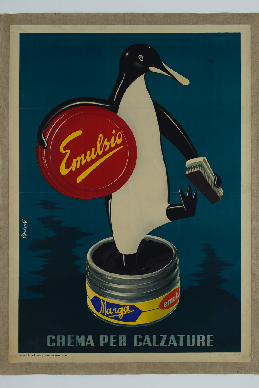 pinguino dentro una confezione di crema per calzature si lucida una zampa (manifesto) di Ligasacchi Natale (sec. XX)