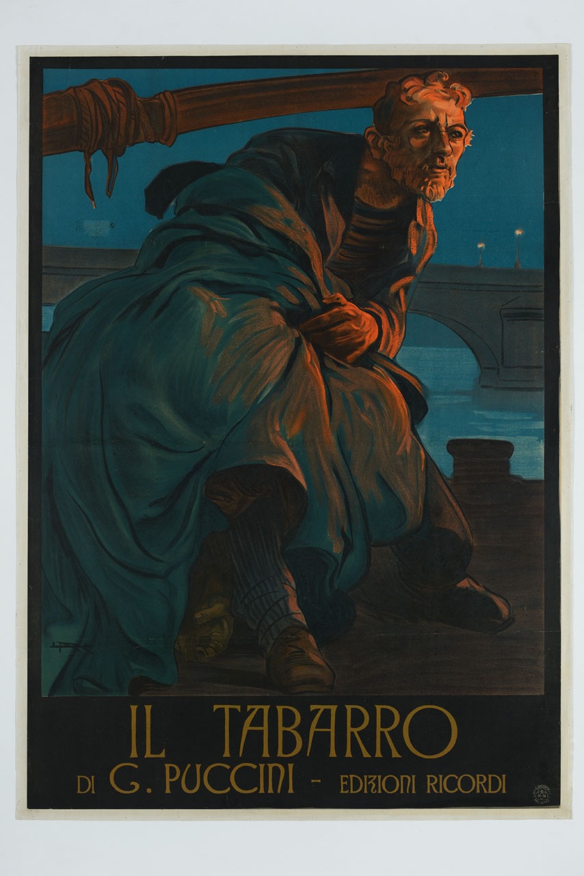 uomo su una barca sul fiume scruta lontano (manifesto) di Metlicovitz Leopoldo (sec. XX)