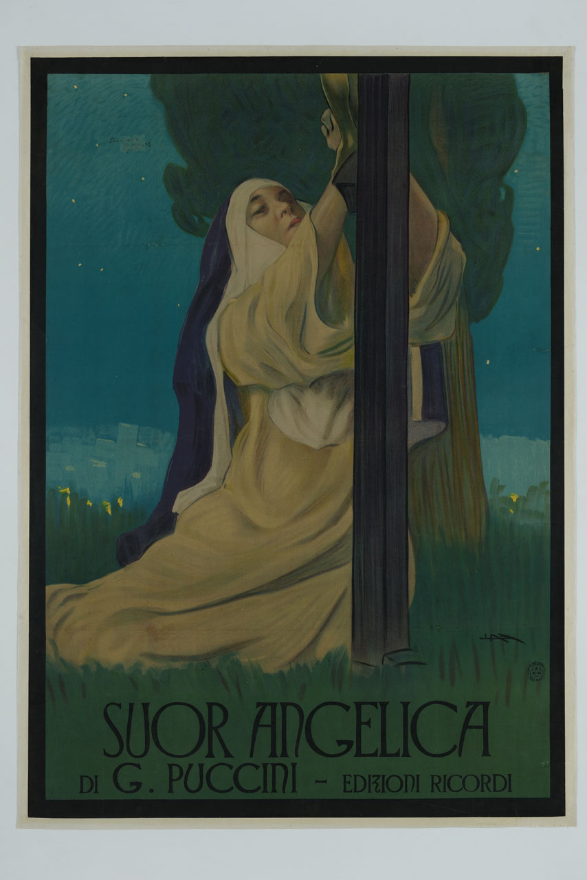 suora inginocchiata ai piedi di un crocifisso in atto di supplica (manifesto) di Metlicovitz Leopoldo (sec. XX)