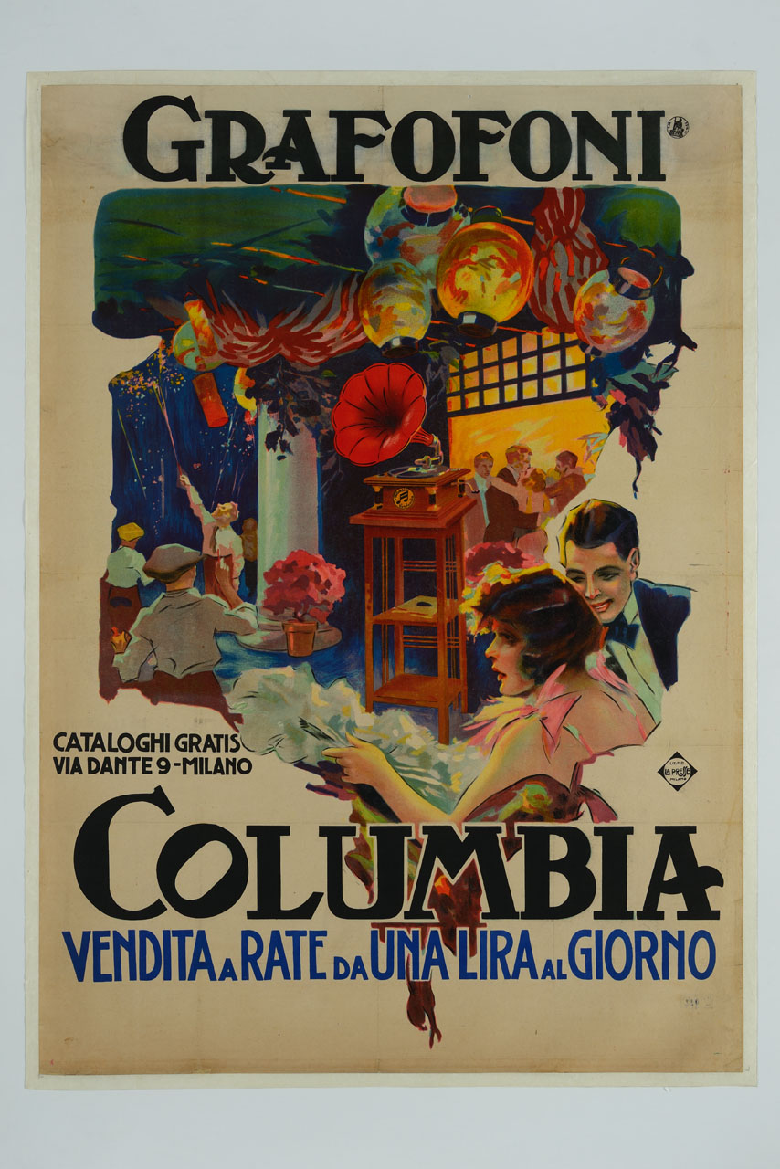 serata danzante e grafofono al centro (manifesto) - ambito italiano (sec. XX)