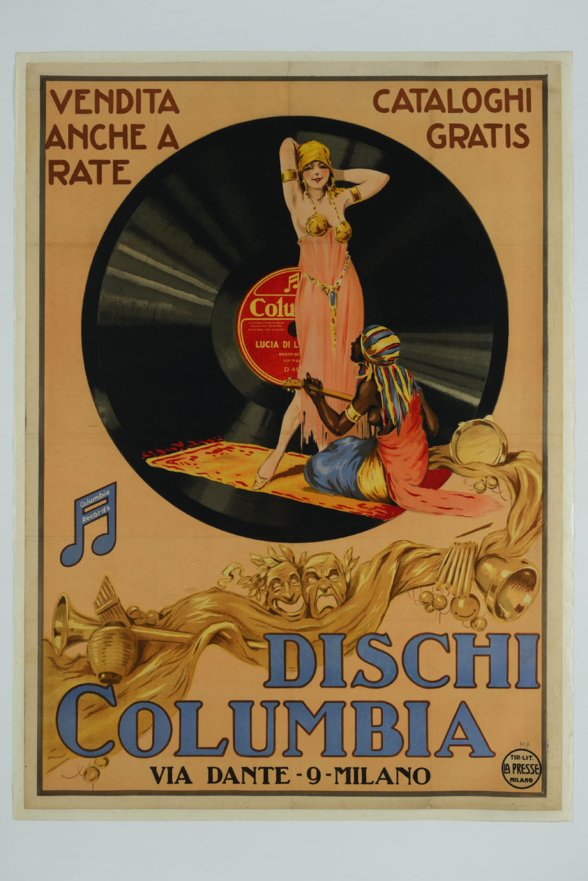 odalisca e suonatrice sullo sfondo di un disco e drappo con strumenti musicali e maschere teatrali (manifesto) - ambito italiano (sec. XX)