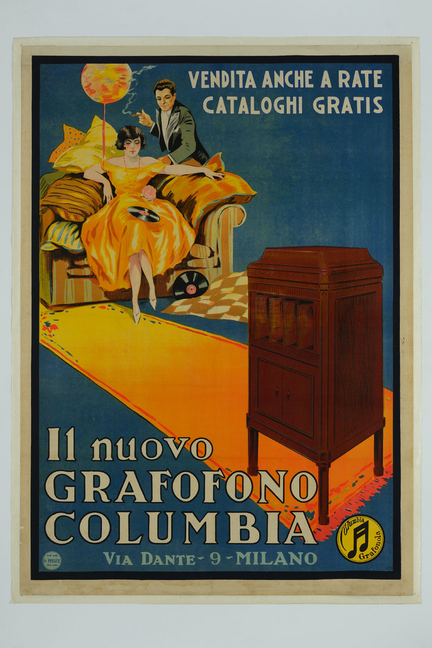 grafofono e coppia che ascolta musica (manifesto) - ambito italiano (sec. XX)