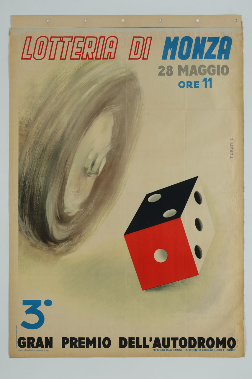 ruota d'automobile in corsa e dado (manifesto) di Turati C - ambito italiano (sec. XX)