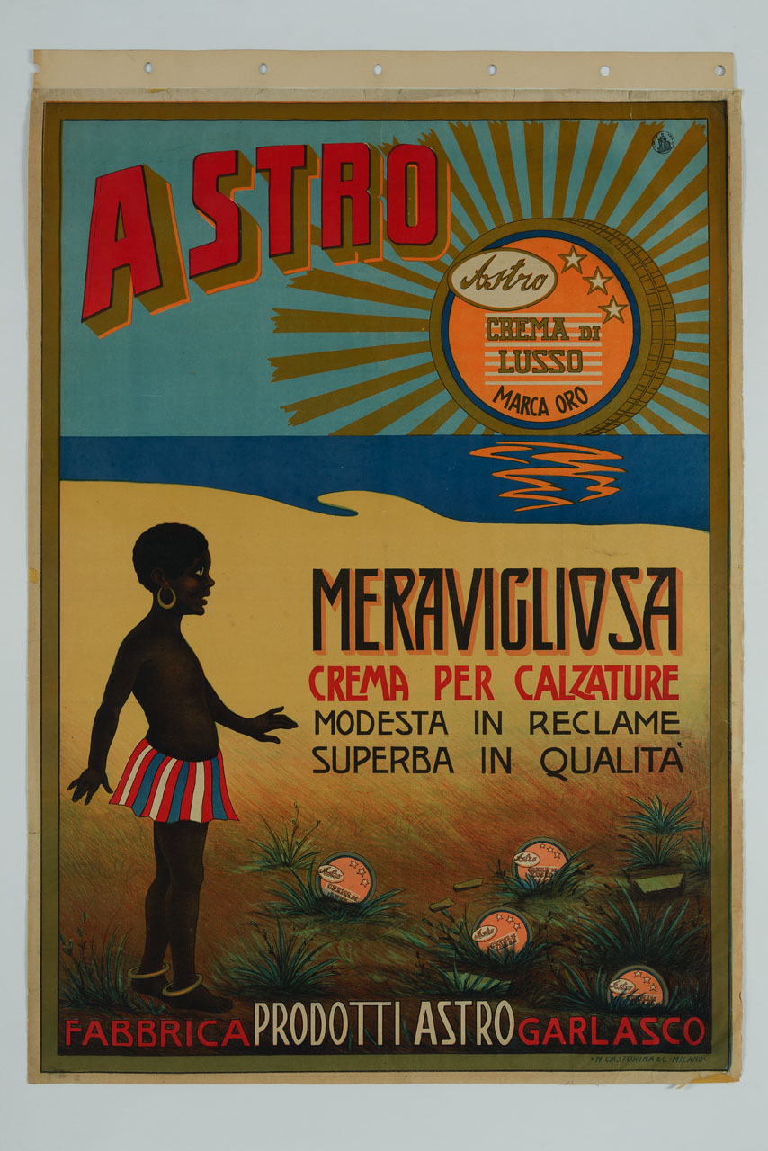 indigeno ammira scatole di crema per calzature che appaiono come un sole e fiori su una spiaggia (manifesto) - ambito italiano (sec. XX)