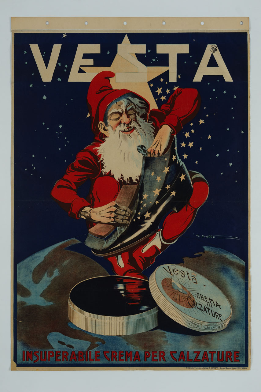 gnomo seduto sul globo terrestre lucida una scarpa circondata da una scia di stelle (manifesto) di Crotta Giovanni - ambito italiano (sec. XX)