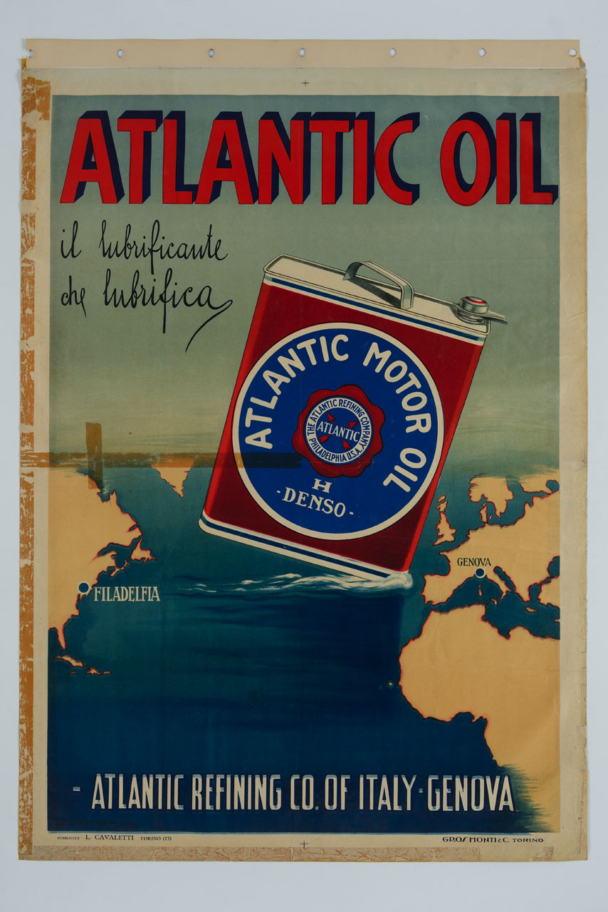 lattina di olio motore solca l'Oceano Atlantico da Philadelphia a Genova (manifesto) di Calamida Umberto (sec. XX)