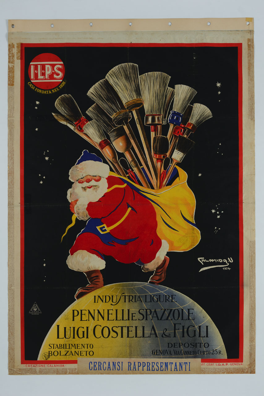 Babbo Natale cammina sul globo terrestre con un sacco di pennelli sulle spalle (manifesto) di Calamida Umberto (sec. XX)