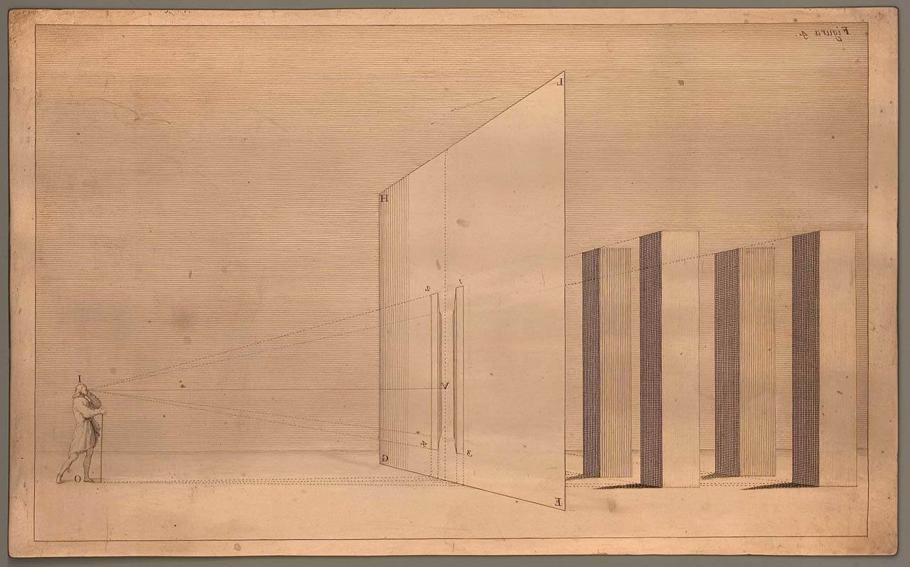 uomo che osserva la proiezione prospettica di quattro pilastri (matrice incisa) di Pozzo Andrea (sec. XVII)