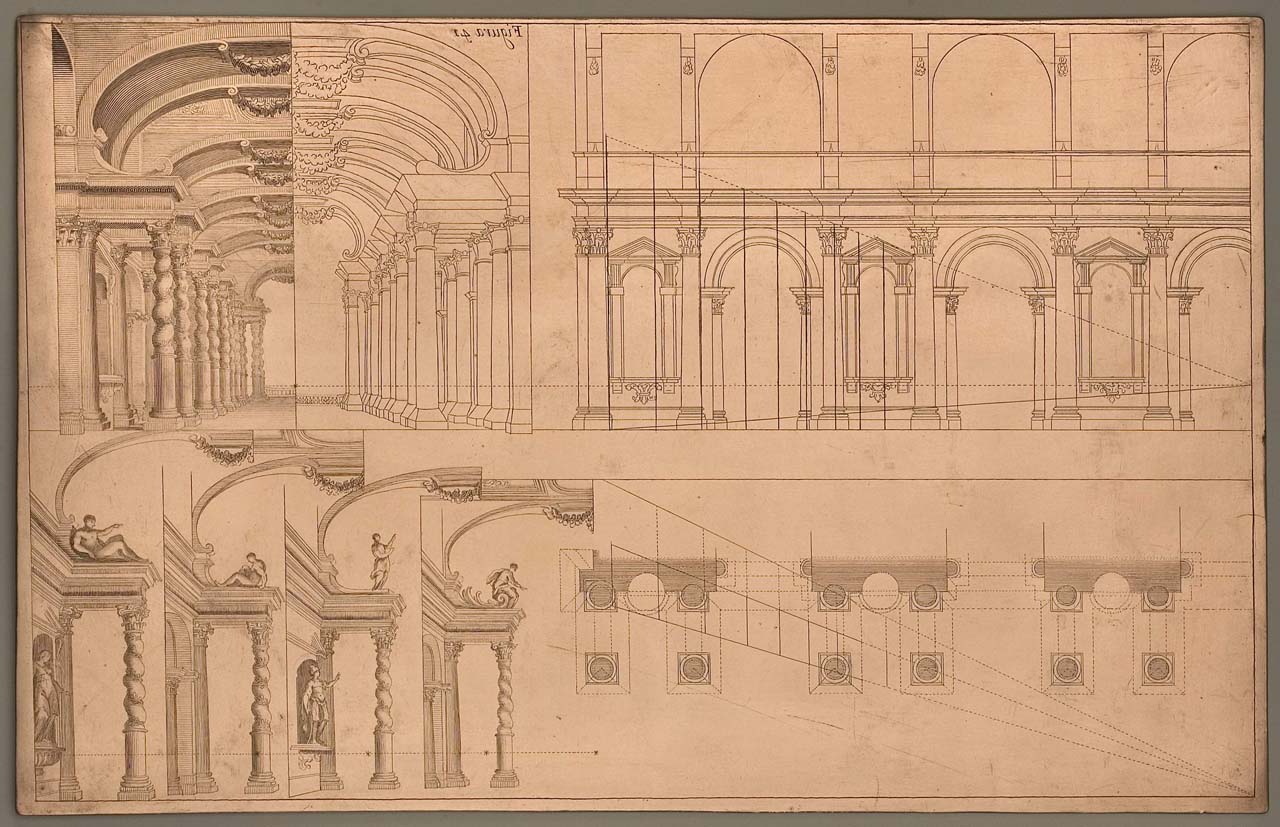 scenografia raffigurante una galleria in pianta, alzato e prospettiva (matrice incisa) di Pozzo Andrea (sec. XVII)