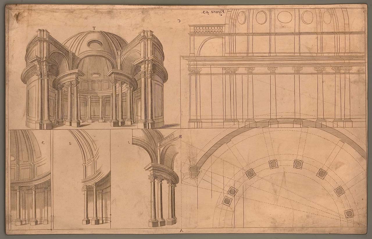 scenografia raffigurante un tempio in pianta, alzato e prospettiva (matrice incisa) di Pozzo Andrea (sec. XVII)