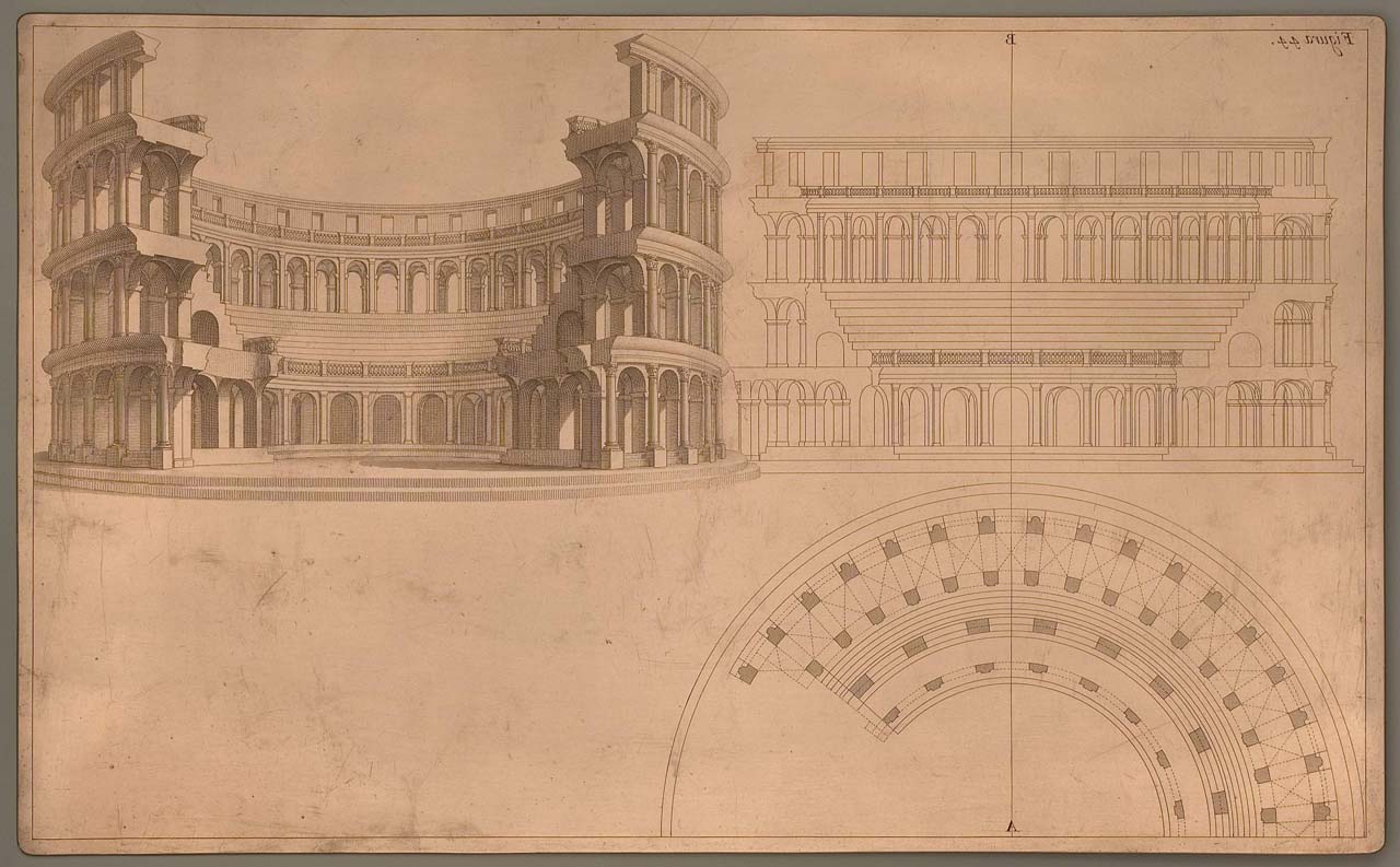 il Colosseo in pianta, alzato e prospettiva (matrice incisa) di Pozzo Andrea (sec. XVII)