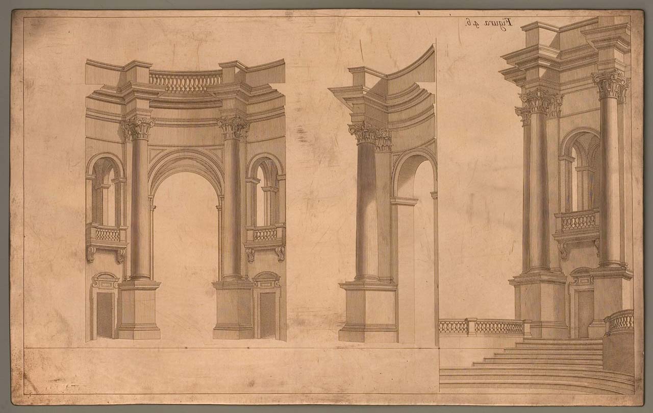 particolari architettonici di teatro sacro per le Quarantore (matrice incisa) di Pozzo Andrea (sec. XVII)
