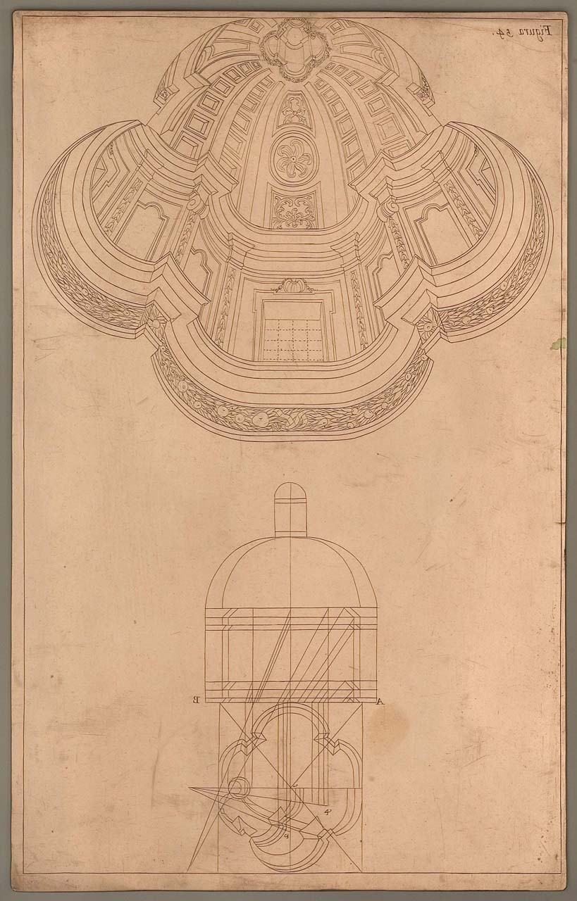 cupola in spaccato e in proiezione prospettica dal basso (matrice incisa) di Pozzo Andrea (sec. XVII)