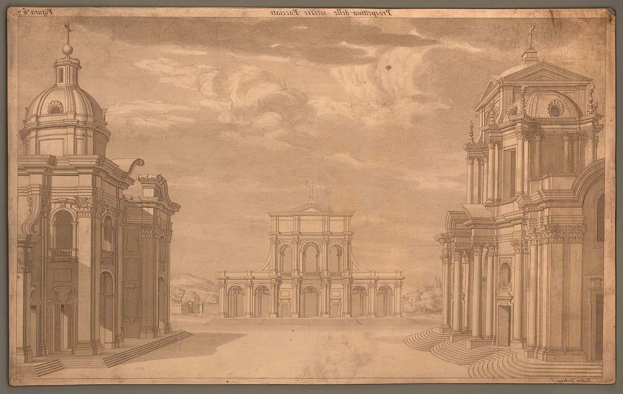 veduta prospettica d'insieme dei progetti per la facciata di San Giovanni in Laterano (matrice incisa) di Pozzo Andrea, Verkruys Theodore (sec. XVII)