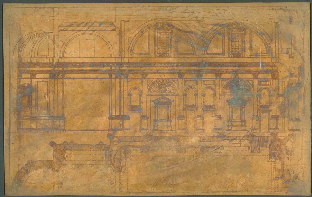 pianta e sezione della chiesa di San Fedele a Milano (matrice incisa) di Pozzo Andrea, Verkruys Theodore (sec. XVII)