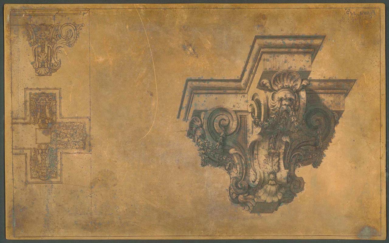 mensola in pianta, profilo e prospettiva (matrice incisa) di Pozzo Andrea, Verkruys Theodore (sec. XVII)