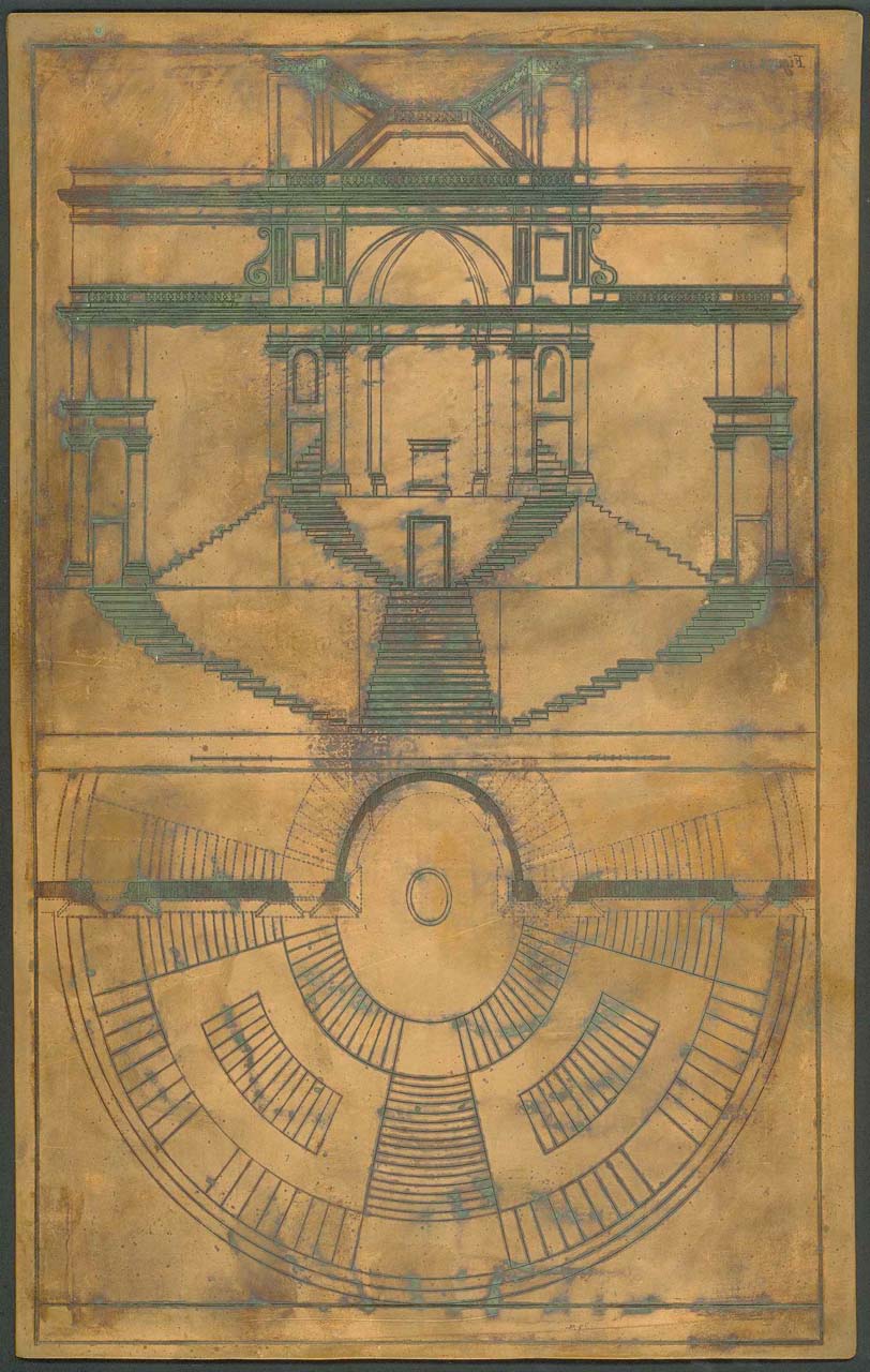 scalinata monumentale in pianta e alzato (matrice incisa) di Pozzo Andrea, Verkruys Theodore (sec. XVII)