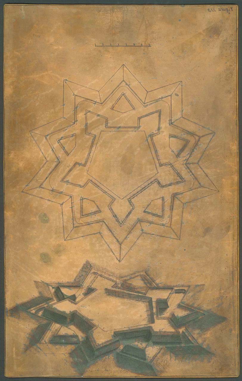 fortificazione a stella in pianta e in prospettiva (matrice incisa) di Pozzo Andrea, Verkruys Theodore (sec. XVII)