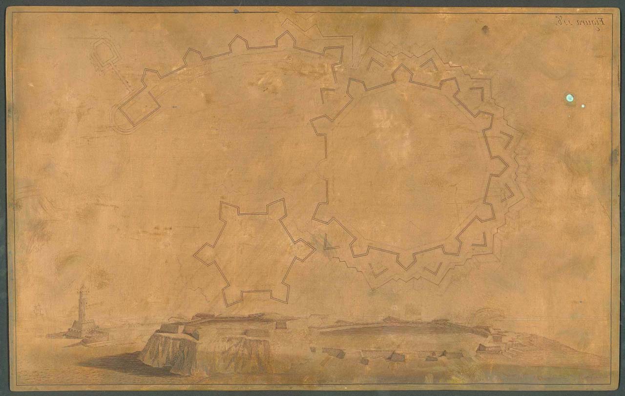 doppia fortificazione a stella in riva al mare, in pianta e in prospettiva (matrice incisa) di Pozzo Andrea, Verkruys Theodore (sec. XVII)