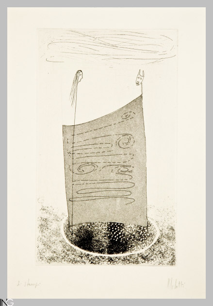 testa femminile e maschera animale su pennoni (stampa) di Melotti Fausto (sec. XX)