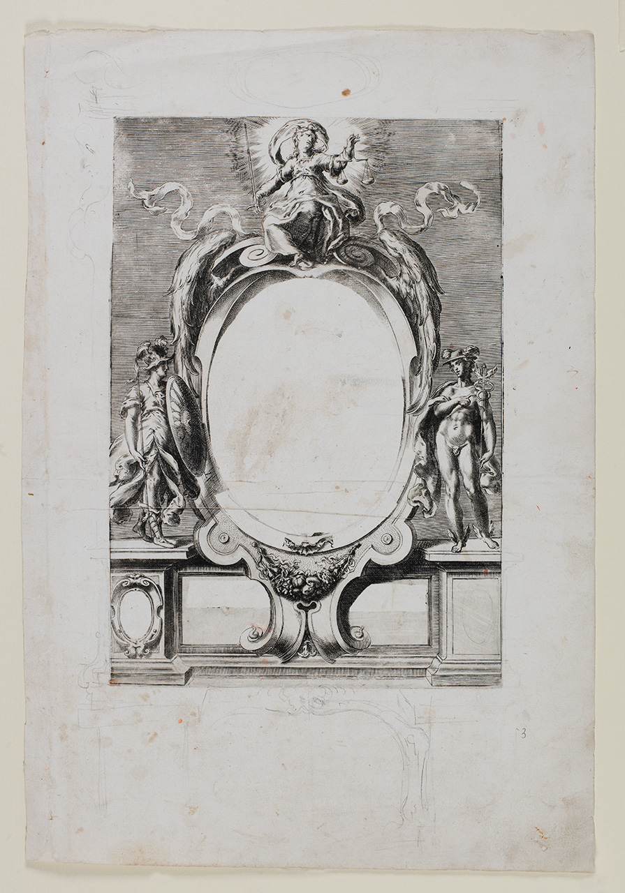 cartiglio con personificazione della Giustizia, Minerva e Mercurio (stampa) di Alberti Cherubino, Alberti Alberto (sec. XVI)