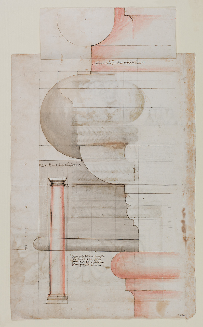 colonna, capitello e base dell'ordine tuscanico (disegno architettonico) di Alberti Alberto (sec. XVI)