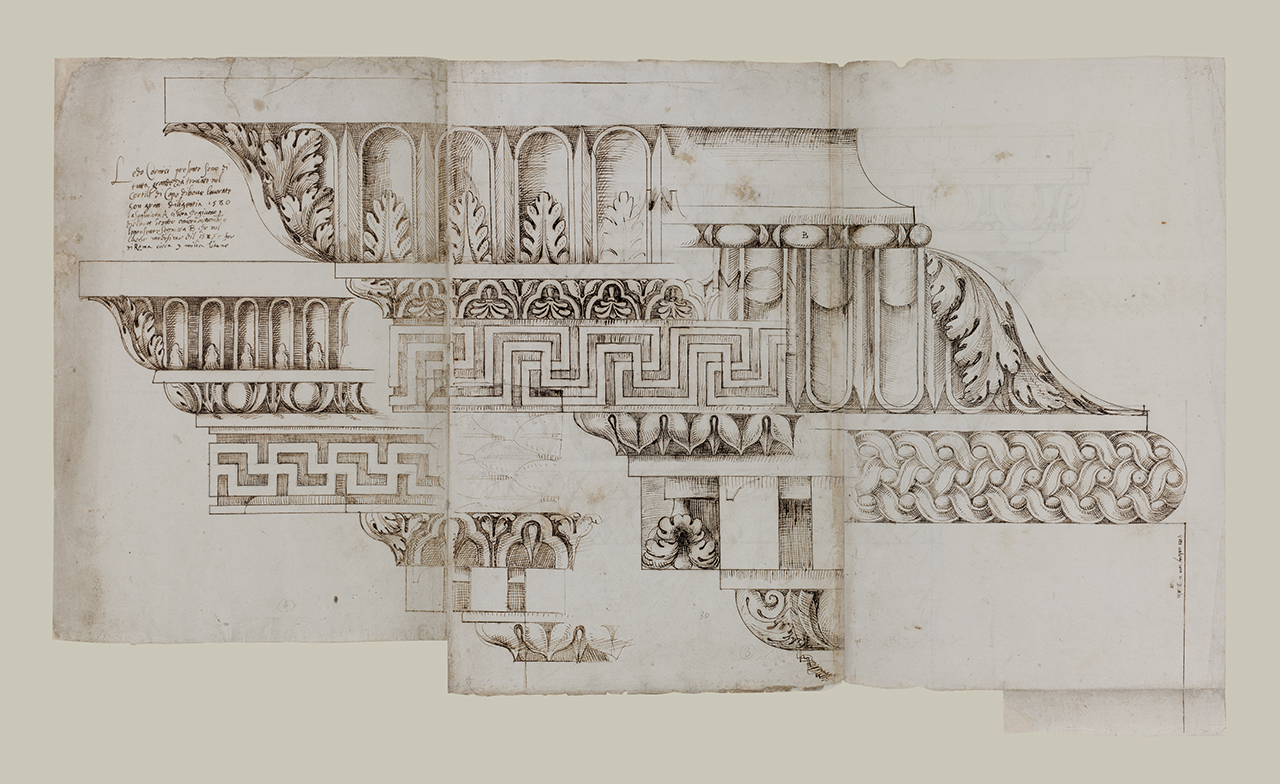 elementi architettonici dalla via Appia, presso la Tomba di Cecilia Metella (disegno architettonico) di Alberti Alberto (sec. XVI)