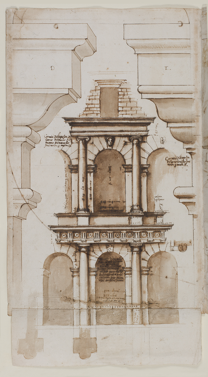 prospetto e cornici d'imposta degli archi del Teatro di Marcello (disegno architettonico) di Alberti Alberto (sec. XVI)