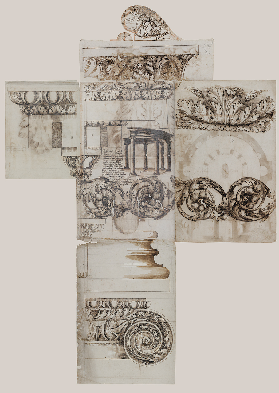 elementi architettonici di un edificio circolare/ figura di vecchio (disegno architettonico) di Alberti Alberto, Alberti Cherubino (sec. XVI)