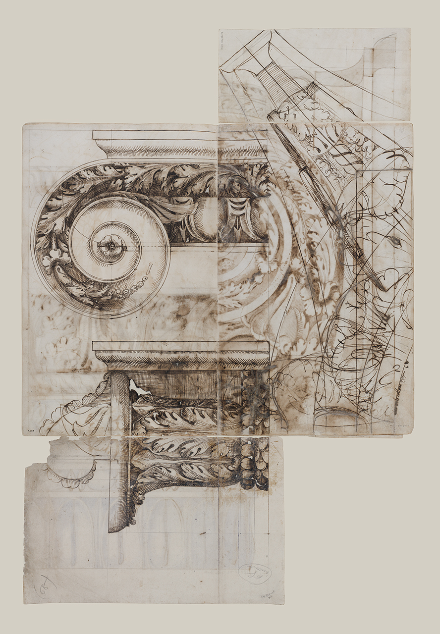 capitello ionico; schizzo di capitello composito dell'Arco di Settimio Severo (disegno architettonico) di Alberti Alberto (sec. XVI)