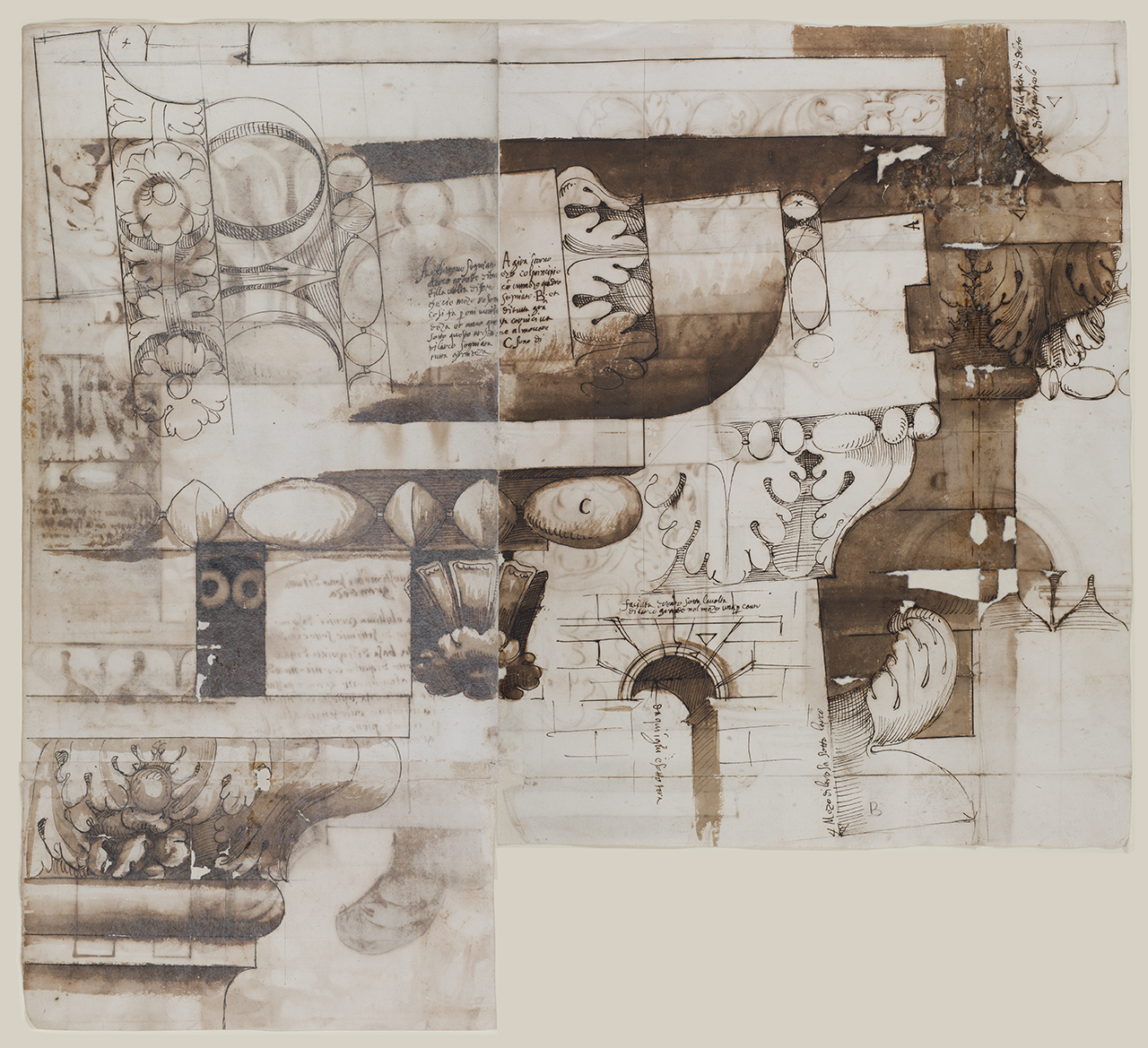 elementi architettonici dell'Arco di Settimio Severo (disegno architettonico) di Alberti Alberto (sec. XVI)