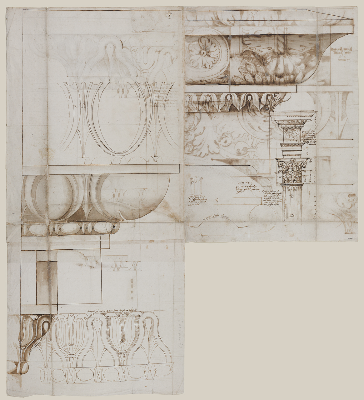 elementi architettonici del Foro di Traiano (disegno architettonico) di Alberti Alberto (sec. XVI)