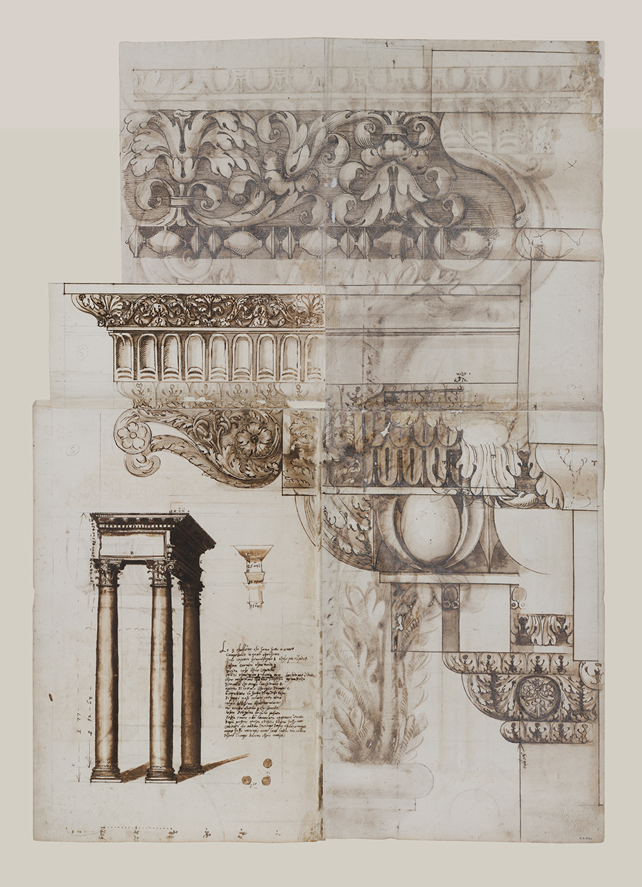 elementi architettonici del Tempio di Vespasiano e Tito (disegno architettonico) di Alberti Alberto (sec. XVI)