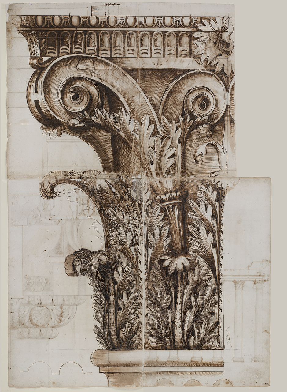 capitello corinzio del Tempio di Vespasiano e Tito (disegno architettonico) di Alberti Alberto (sec. XVI)