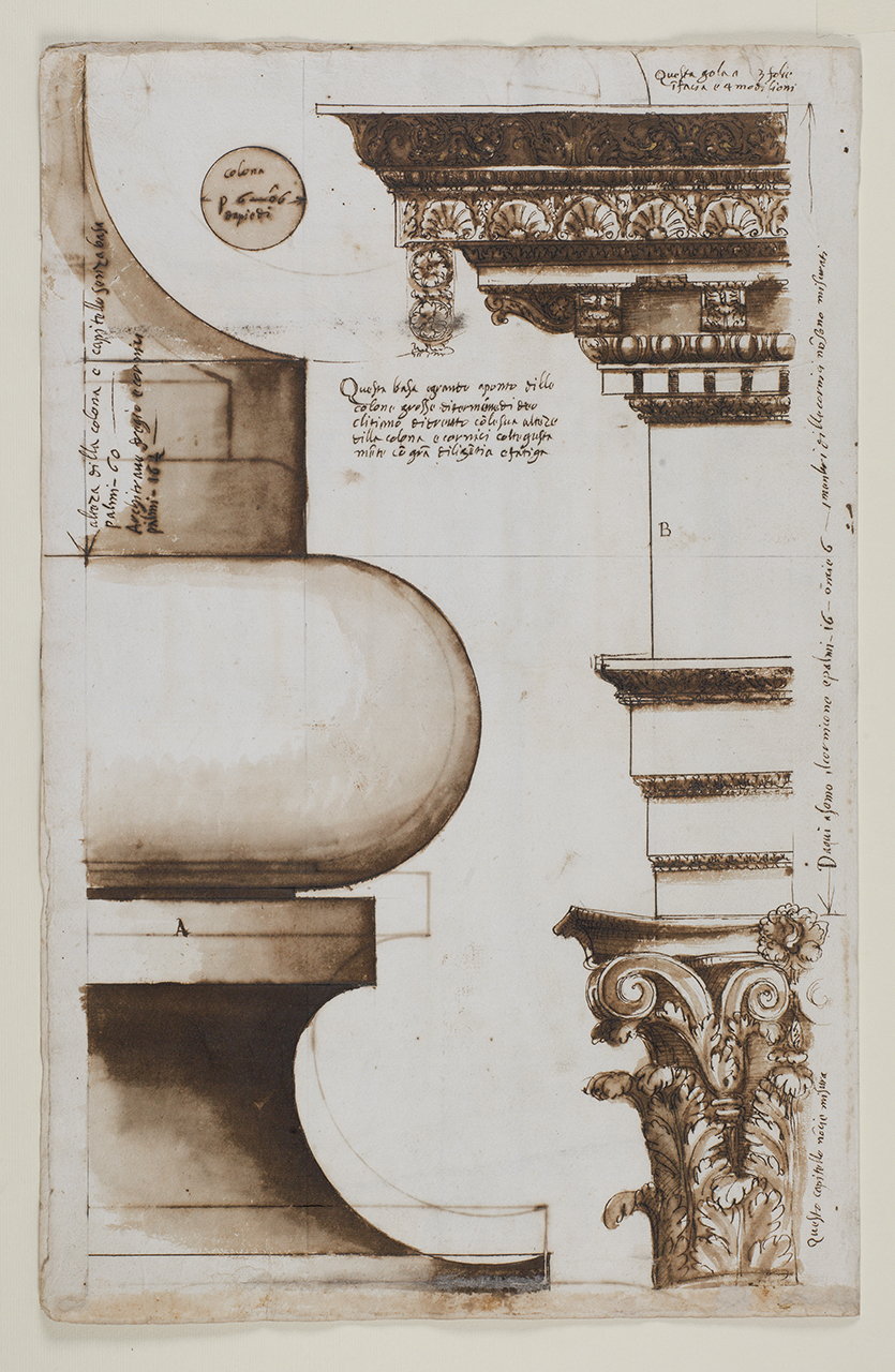 elementi architettonici delle Terme di Diocleziano (disegno architettonico) di Alberti Alberto (sec. XVI)