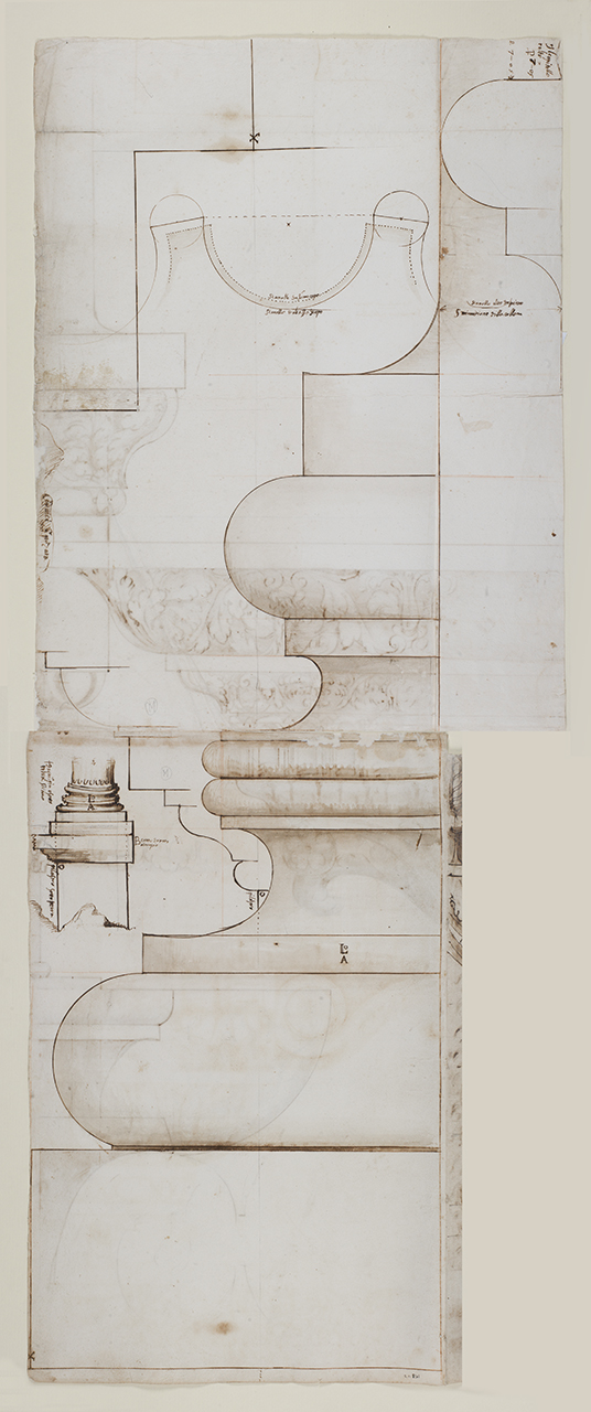 elementi architettonici del Tempio di Minerva nel Foro Transitorio (disegno architettonico) di Alberti Alberto (sec. XVI)